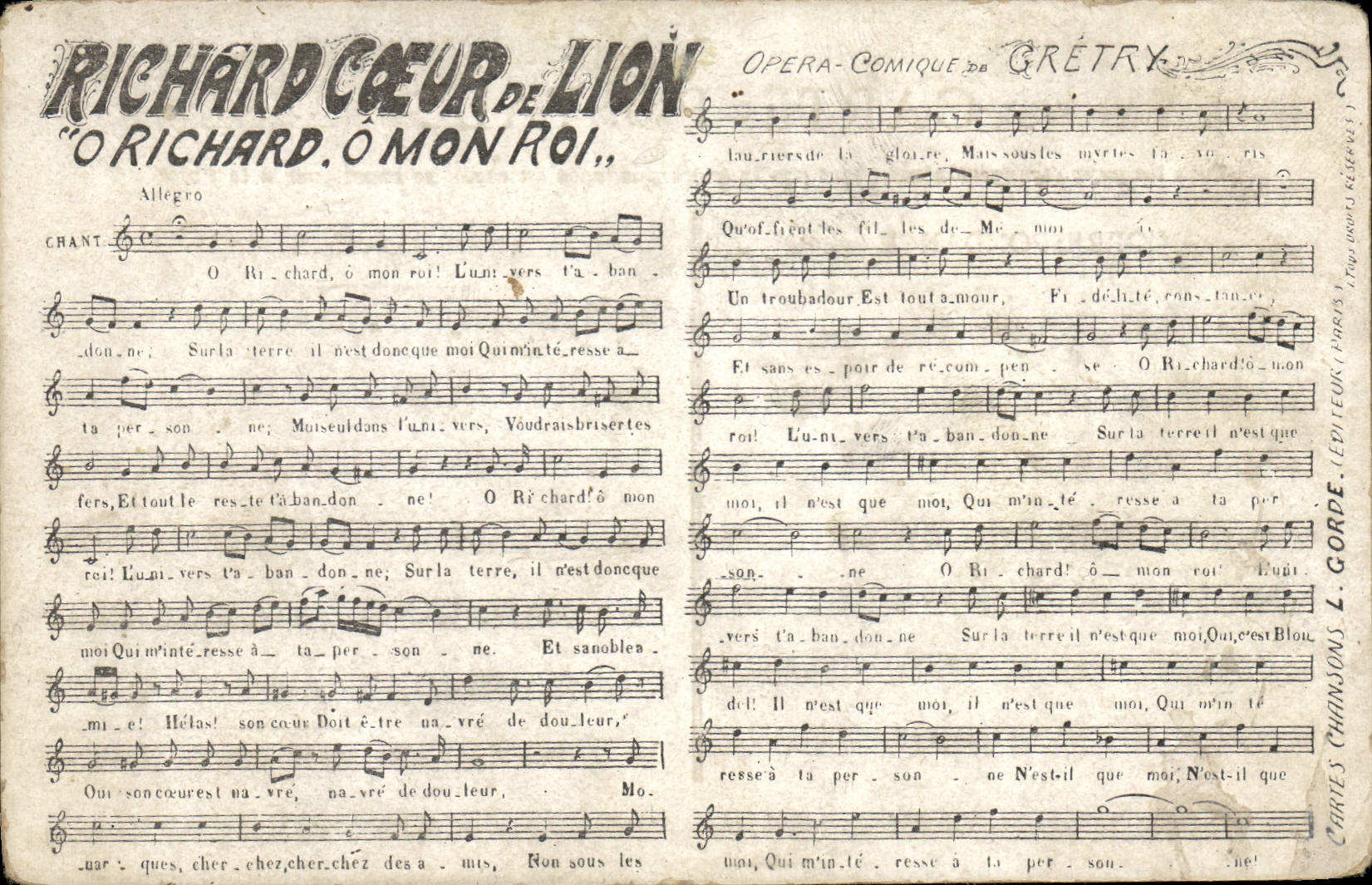 Richard Cœur de Lion — Chanson d'opéra-comique de Grétry — Éditeur L. Gorde