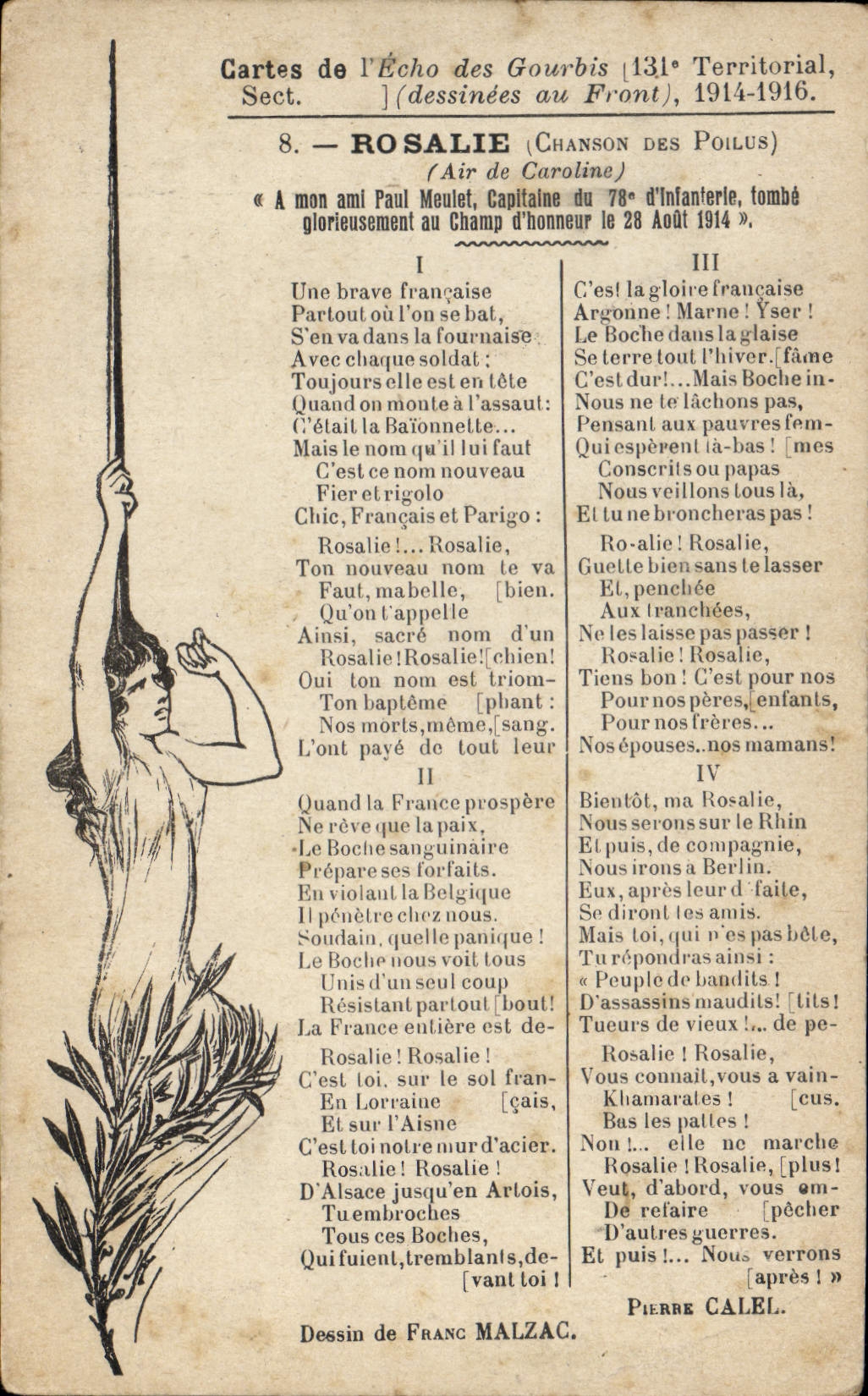 Rosalie (Chanson des Poilus) — Cartes de l'Écho des Gourbis, 131e Territorial, 1914-1916 — Dessin de Franc Malzac