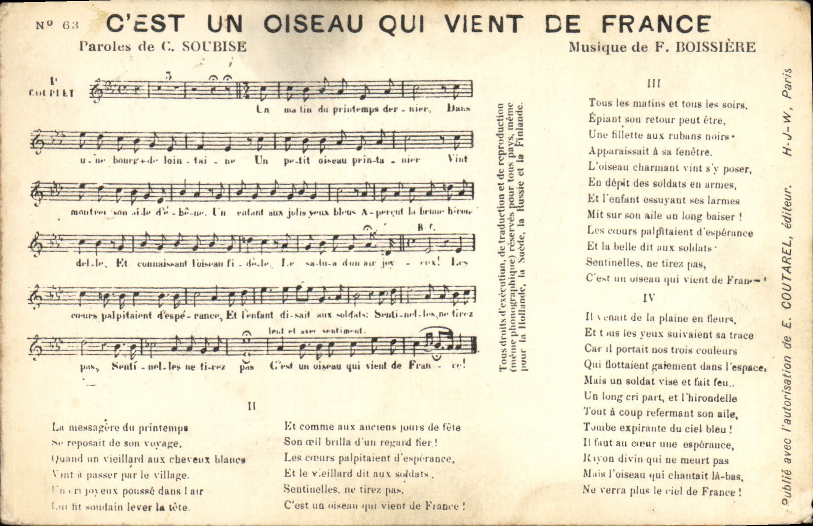 C'est un oiseau qui vient de France — chanson — Éditeur E. COUTAREL, Paris, n°63