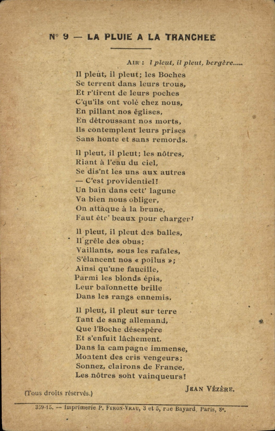 La pluie à la tranchée — Poème de Jean Vézère — Imprimerie P. Feron-Vrau, Paris 8e
