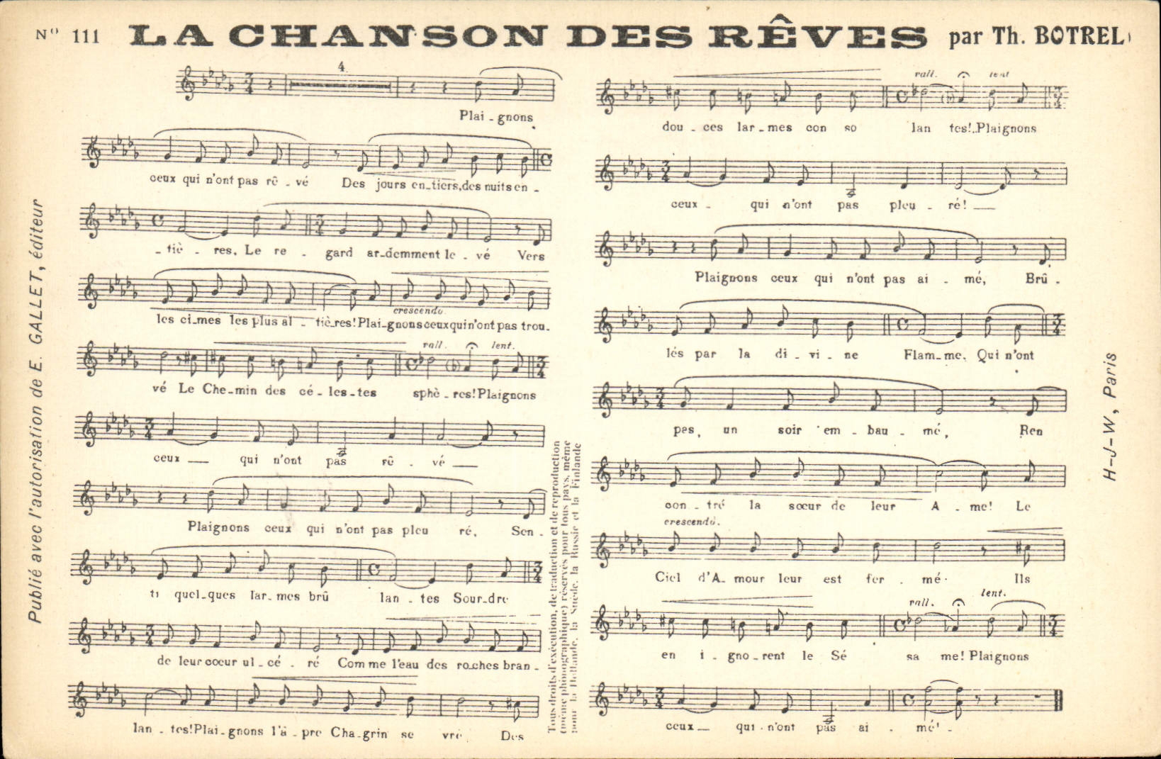 La Chanson des Rêves — par Th. Botrel — éditeur E. Gallet, N° 111