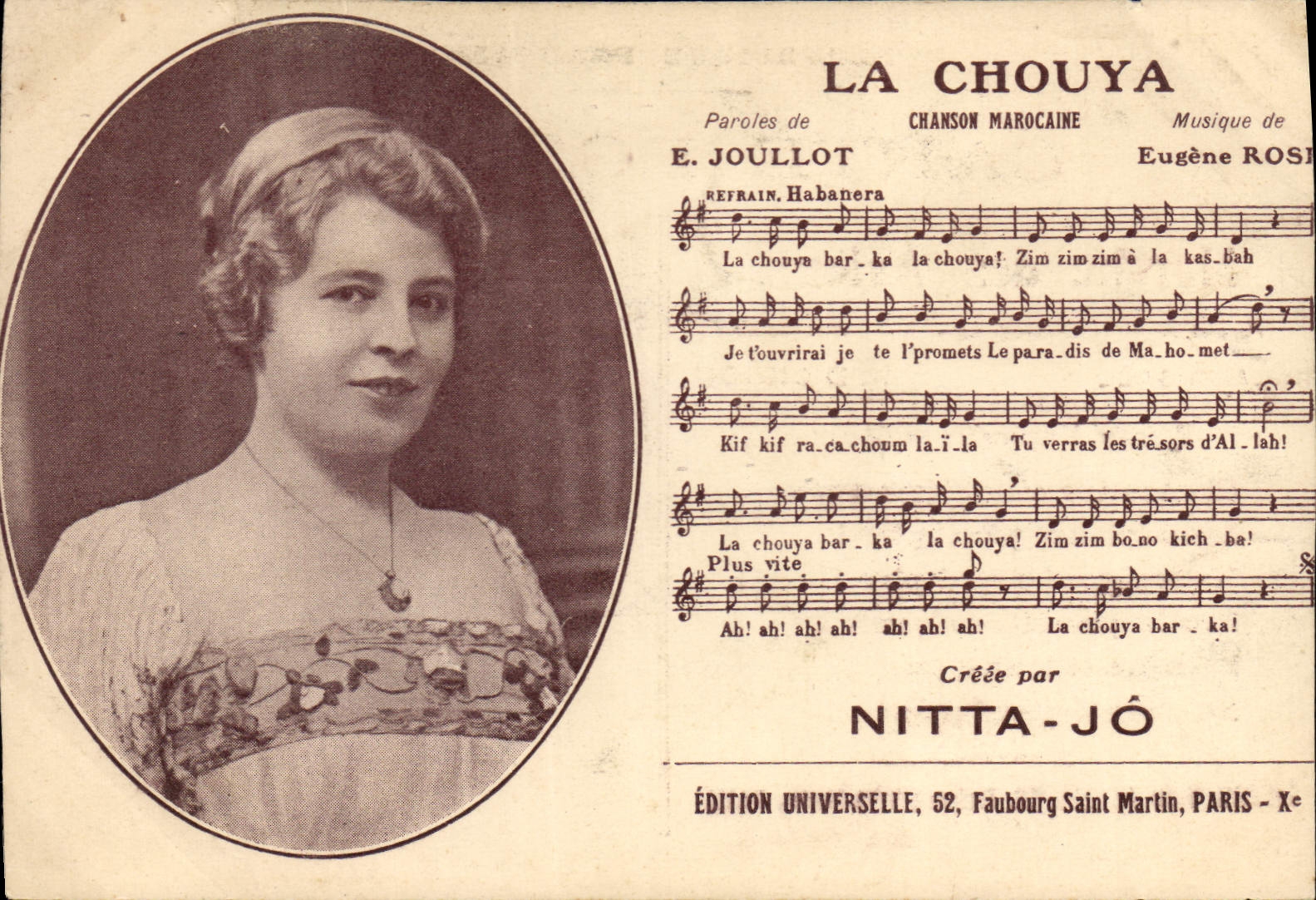Femme en portrait — chanson marocaine 'La Chouya' — Édition Universelle, 52, Faubourg Saint-Martin, Paris