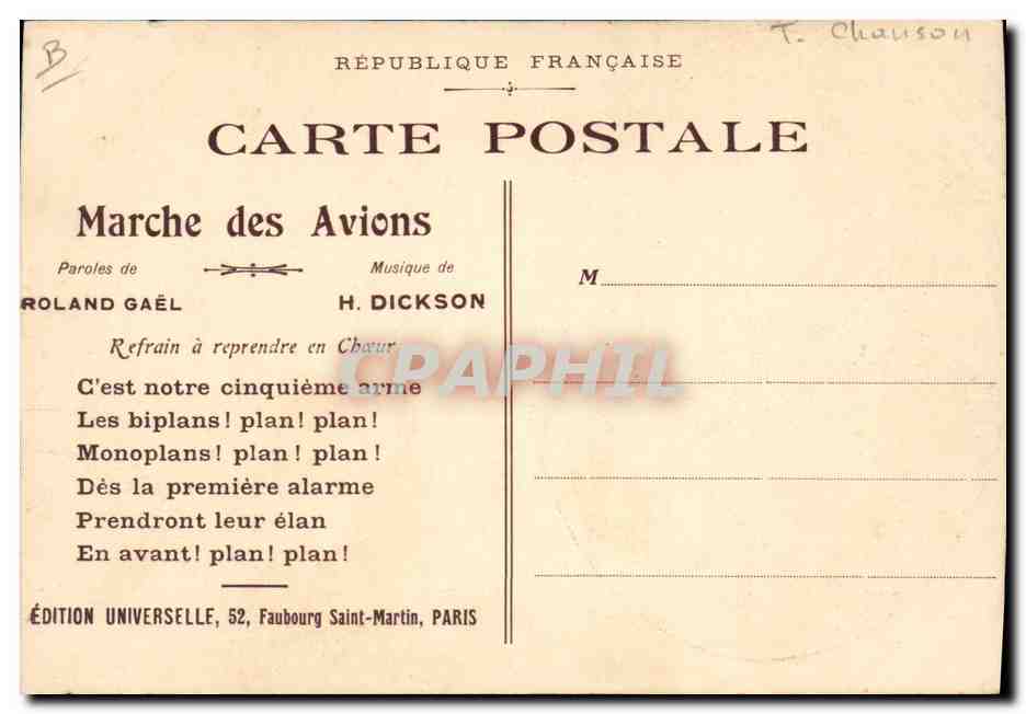 Femme en portrait — chanson marocaine 'La Chouya' — Édition Universelle, 52, Faubourg Saint-Martin, Paris — Verso