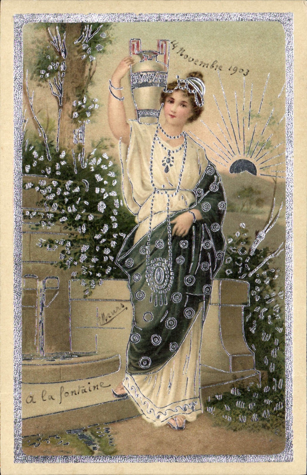 Femme à la fontaine — scène de jardin — éditeur H. Hauns, n° de série non visible