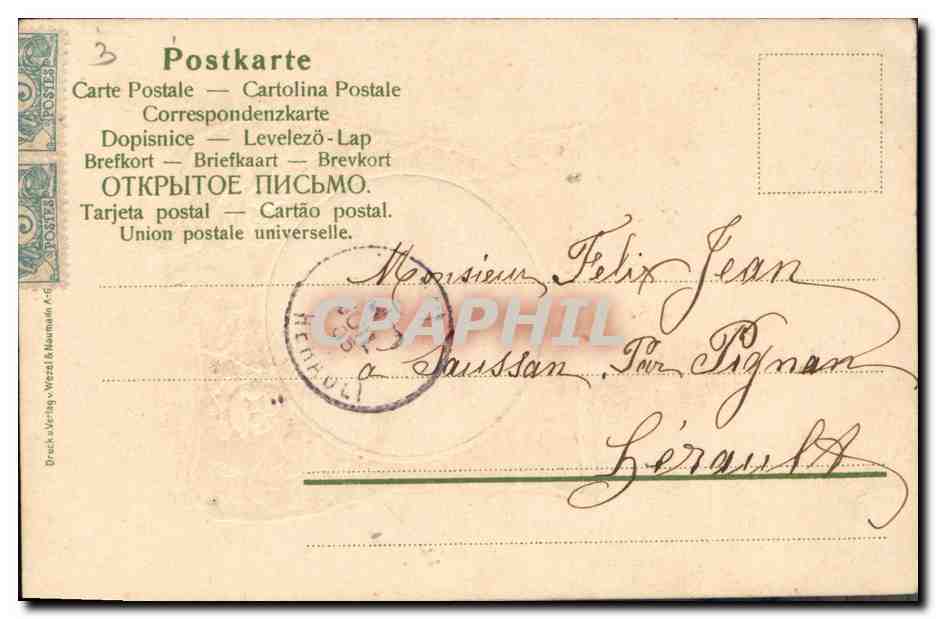 Chica con sombrero — tarjeta postal decorada — editor Vézzi & Maurel — Reverso