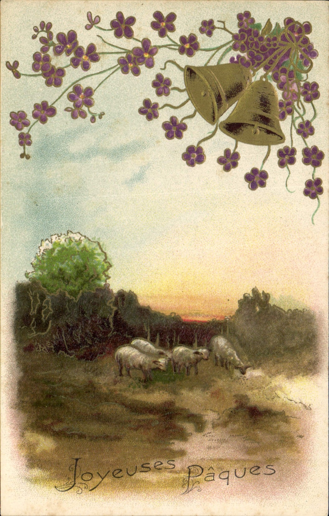 CPA Fantaisie Fleurs Moutons Cloches Paques