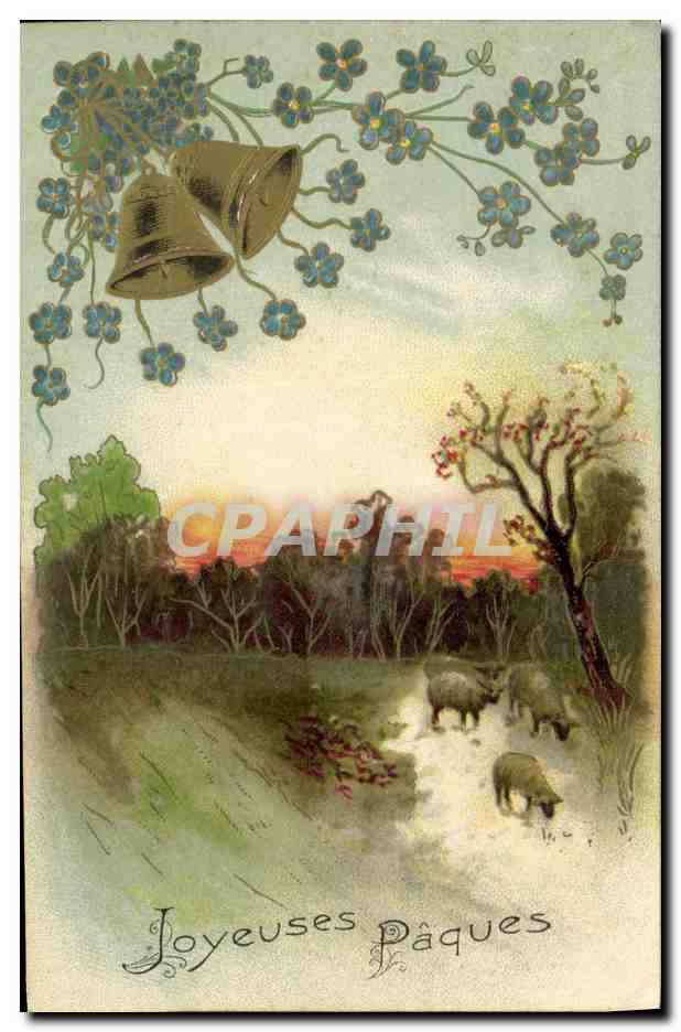 CPA Fantaisie Fleurs Moutons Cloches Paques