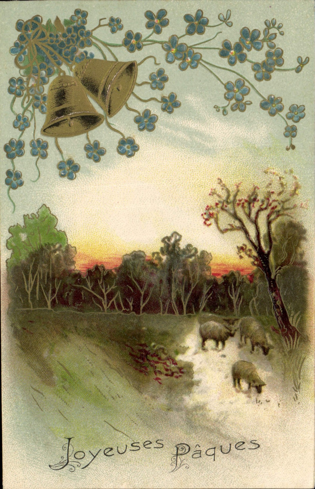 Paysage pastoral avec moutons — Joyeuses Pâques — CPAPHIL n°400