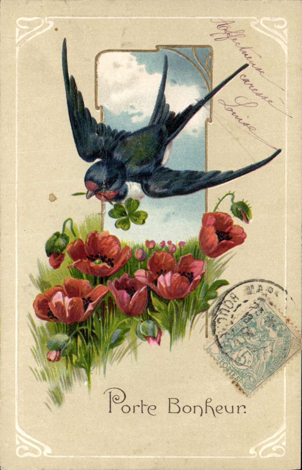 CPA Fantaisie Fleurs Hirondelle