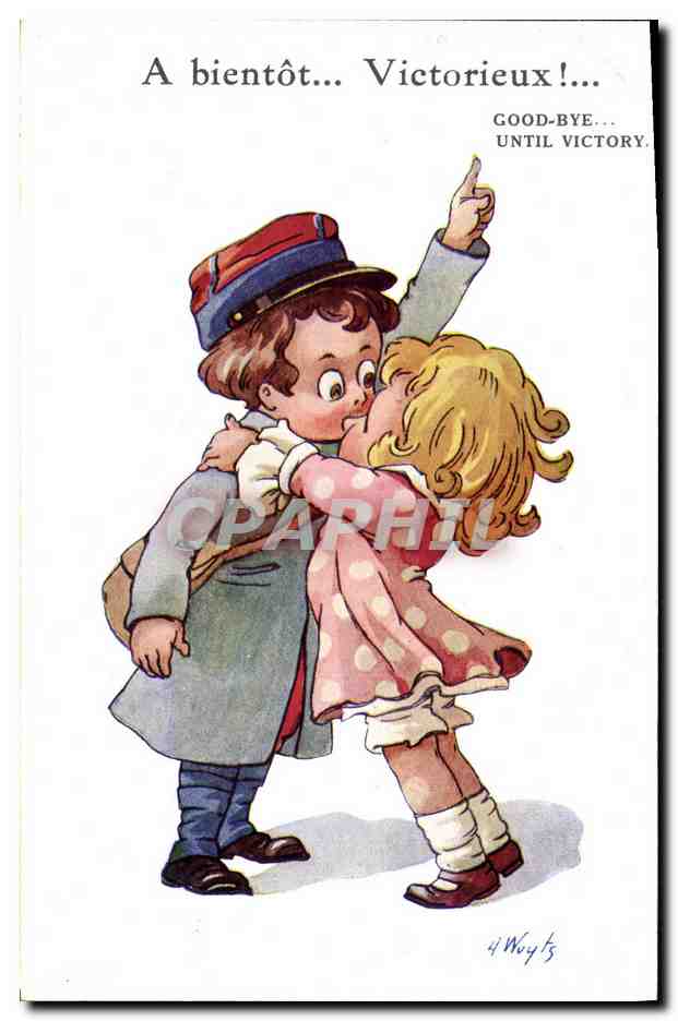 Enfant en uniforme et petite fille s'embrassant — A bientôt... Victorieux! — Paris Color, N° 95