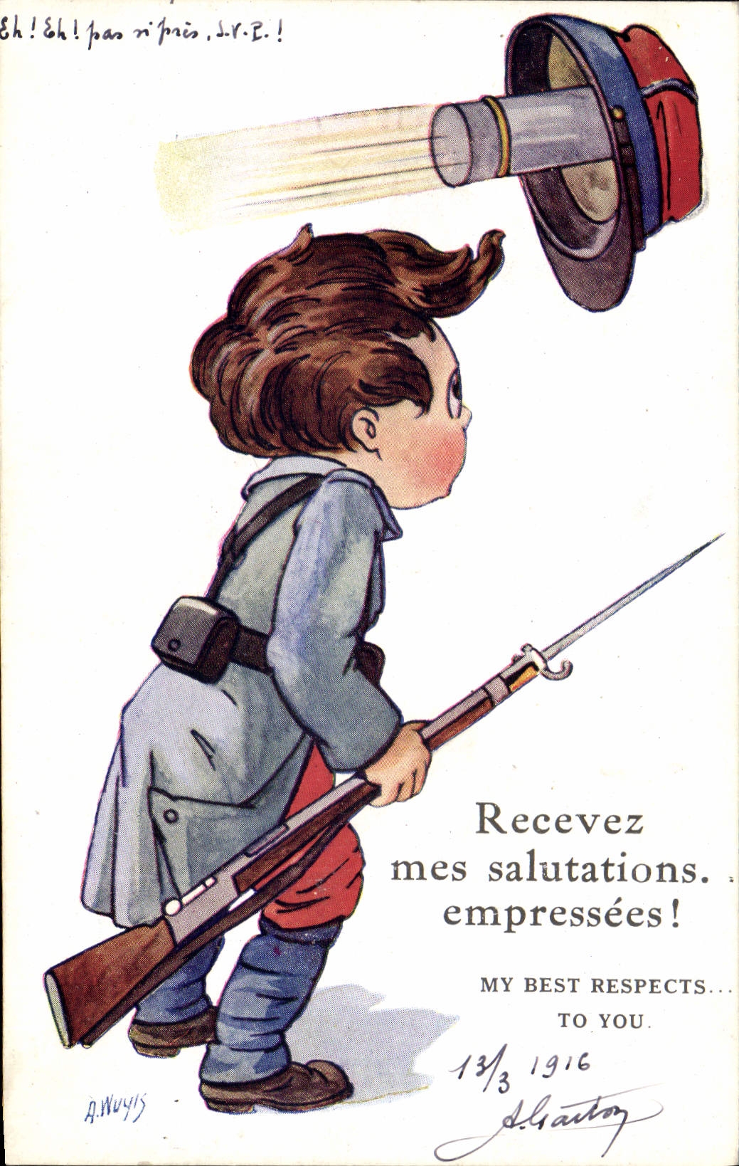 CPA Fantaisie Illustrateur Enfants Recevez mes salutations empressees Militaria