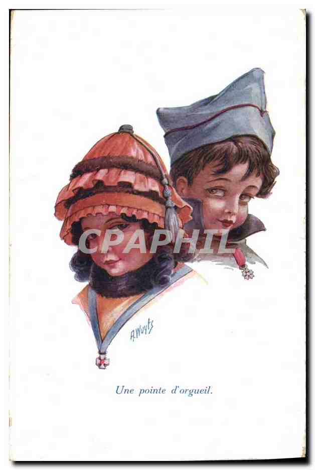 Due bambini con cappelli — A. Wuyts — Fantaisies Trichromes, serie n°118