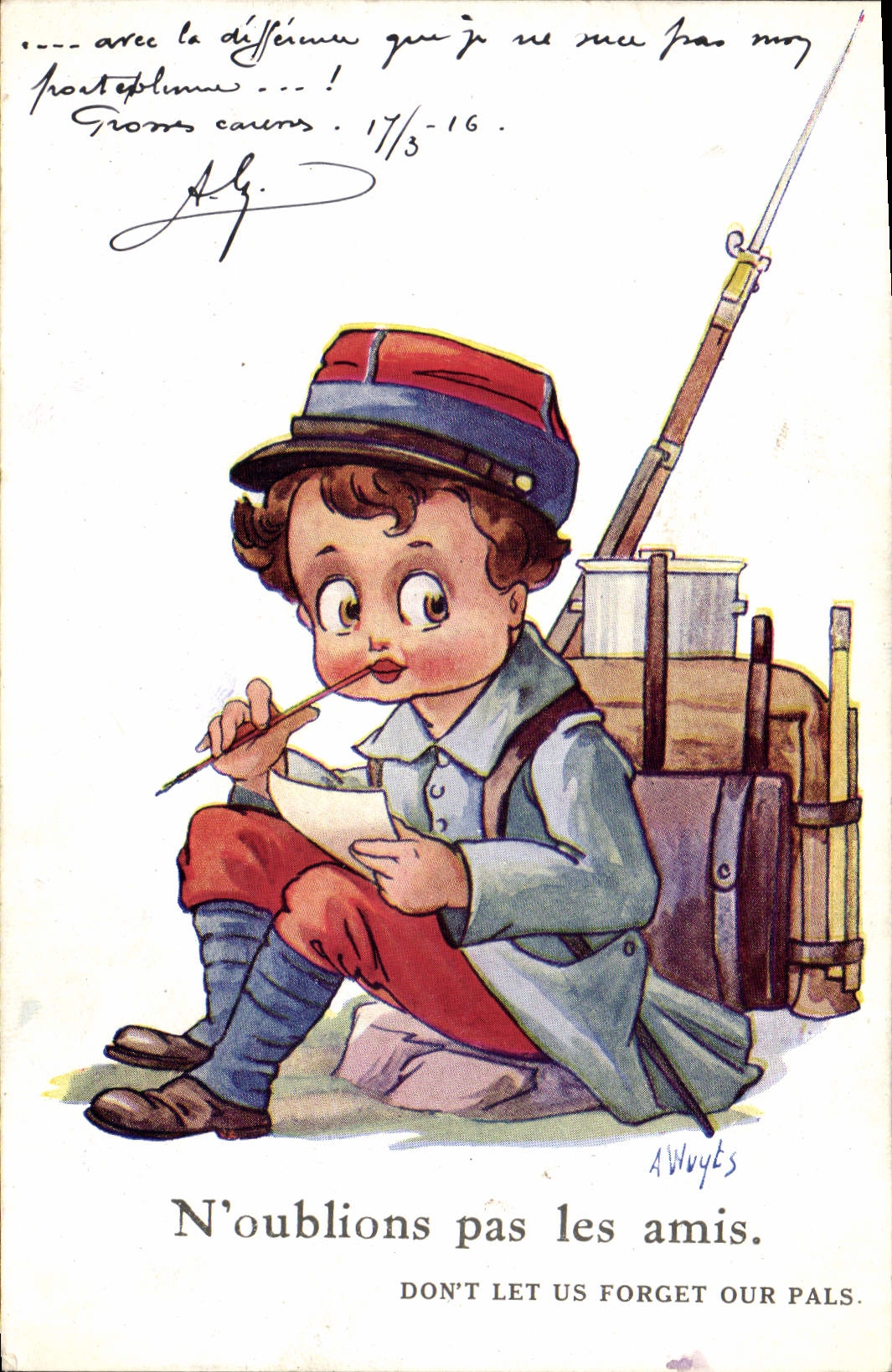 CPA Fantaisie Illustrateur Enfants N'oublions pas les amis Militaria