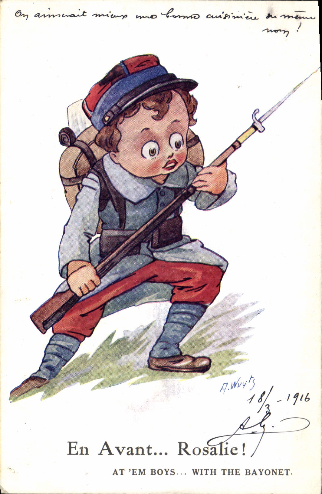 En Avant... Rosalie! — Enfant soldat avec baïonnette — A. Wuyts, 181-1916