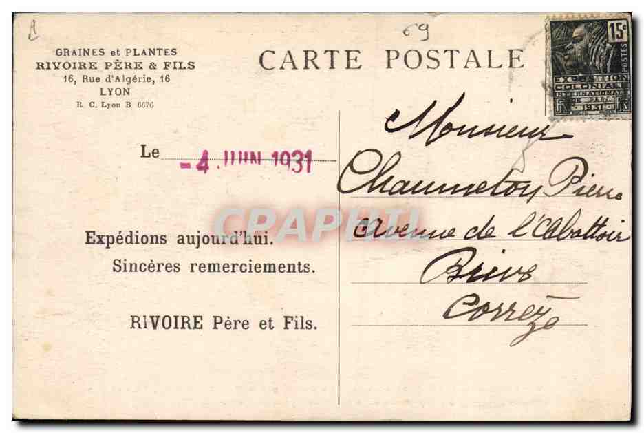 Lyon Centre Horticole — Esposizione della Fiera di Lyon, novembre 1929 — Maison Rivoire, Padre e Figlio — Verso