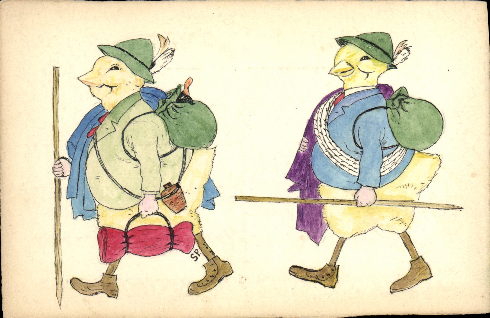 Deux canards en tenue de voyageurs — dessin de S. F. — éditeur DUPRÉ