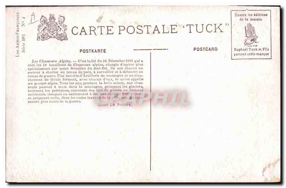 Chasseurs Alpins — Les Armes Françaises, Série 181, éditeur Tuck — Verso