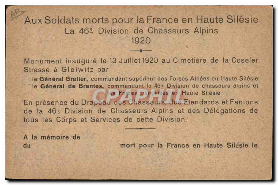 Monument aux Soldats morts pour la France en Haute Silésie — La 46e Division de Chasseurs Alpins — Optiker Büttner, Gleiwitz, O.-S. — Rückseite