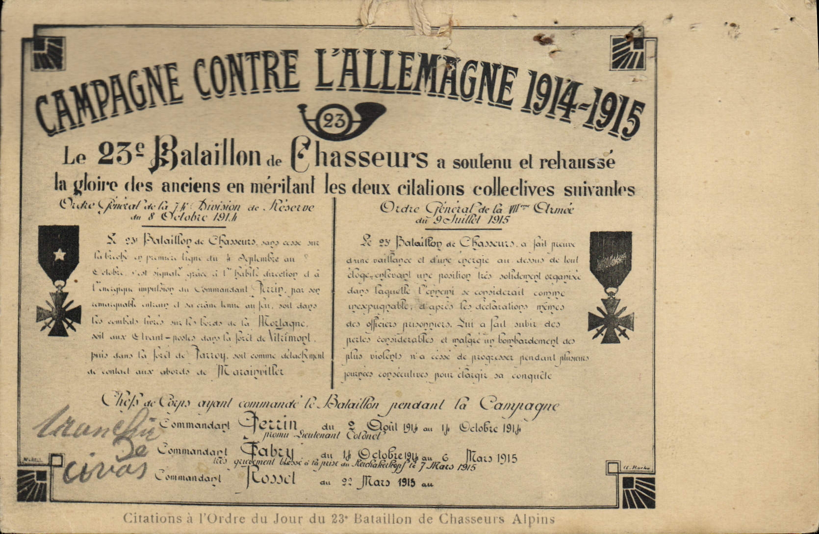Campagne contre l'Allemagne 1914-1915 — 23e Bataillon de Chasseurs — Citations à l'Ordre du Jour