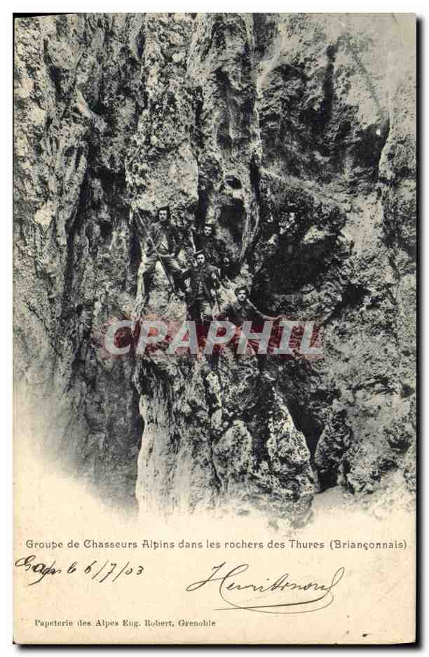 Groupe de Chasseurs Alpins dans les rochers des Thures (Briançonnais) — Papeterie des Alpes Eug. Robert, Grenoble