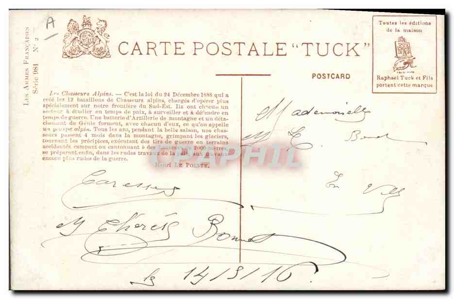 CPA Militaria Chasseurs Alpins  — Verso