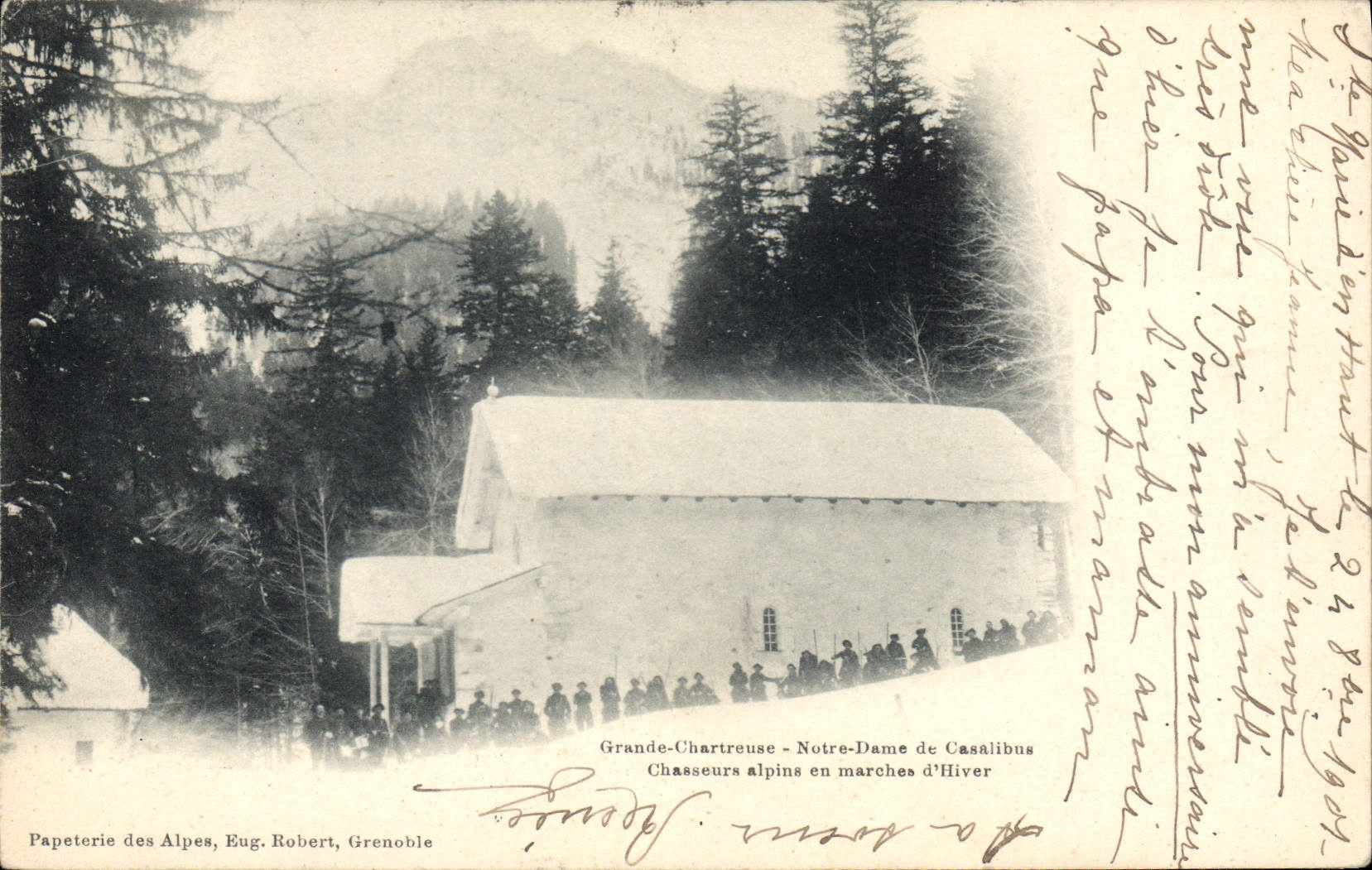 Grande-Chartreuse - Notre-Dame de Casalibus — Chasseurs alpins en marche d'Hiver — Papeterie des Alpes, Eug. Robert, Grenoble