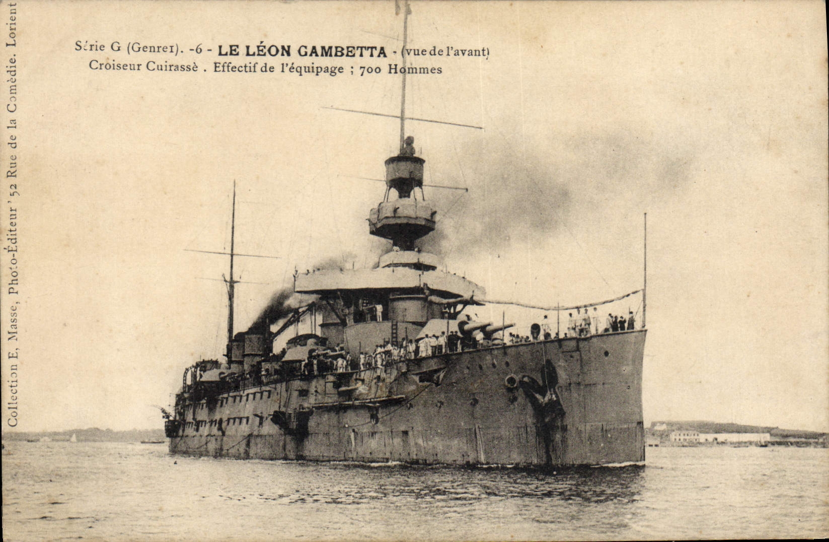 LE LÉON GAMBETTA — Vue de l'avant — Croiseur Cuirassé — Série G (Genrer) — Éditeur E. Masse