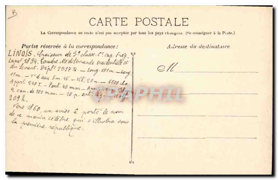 Le Linois, Croiseur de 1re Classe — Marine Française — Guendé phot. Marseille 522 — Verso