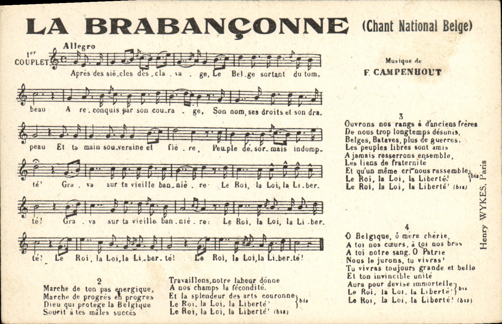 La Brabançonne (Chant National Belge) — Musique de F. Campenhout — Henry Wykes, Paris