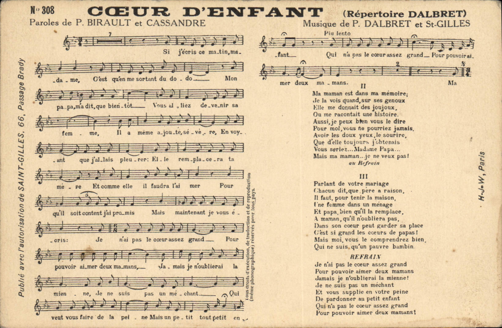 Cœur d'Enfant — Répertoire Dalbret — Éditeur Brady, n°308