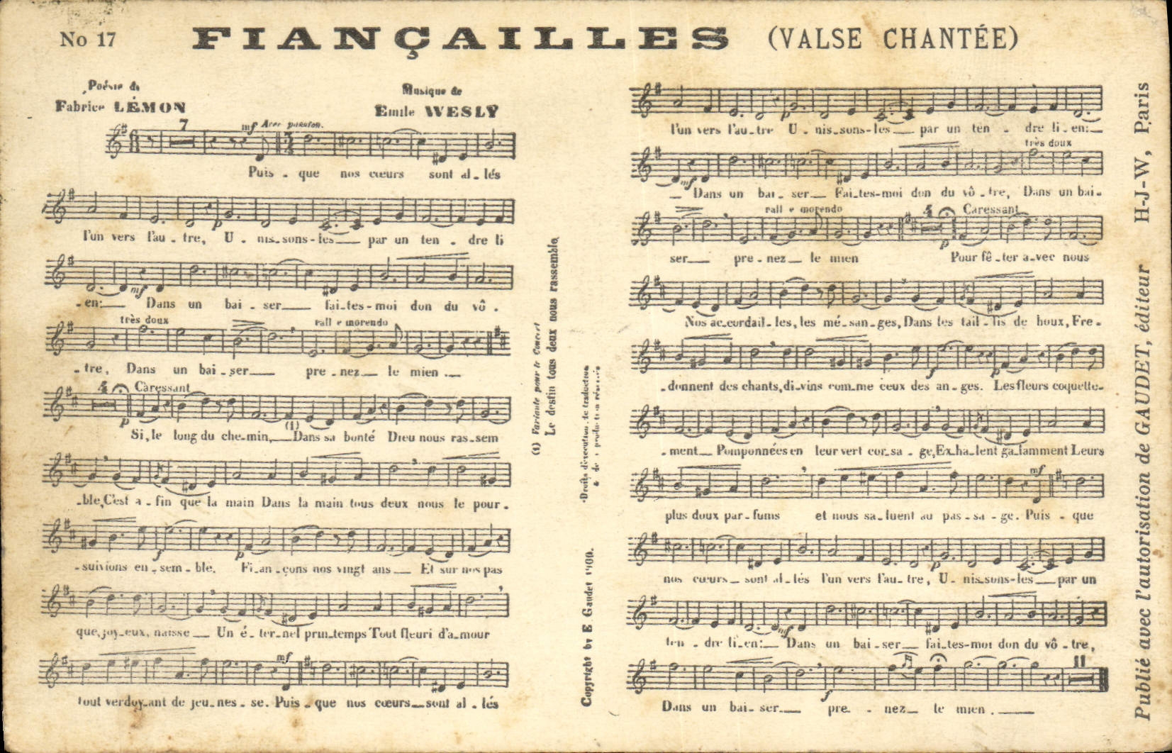 Fiançailles (Valse chantée) — Poème de Fabrice Lémon, musique d'Émile Wesly — Éditeur H-J-W, Paris, n°17