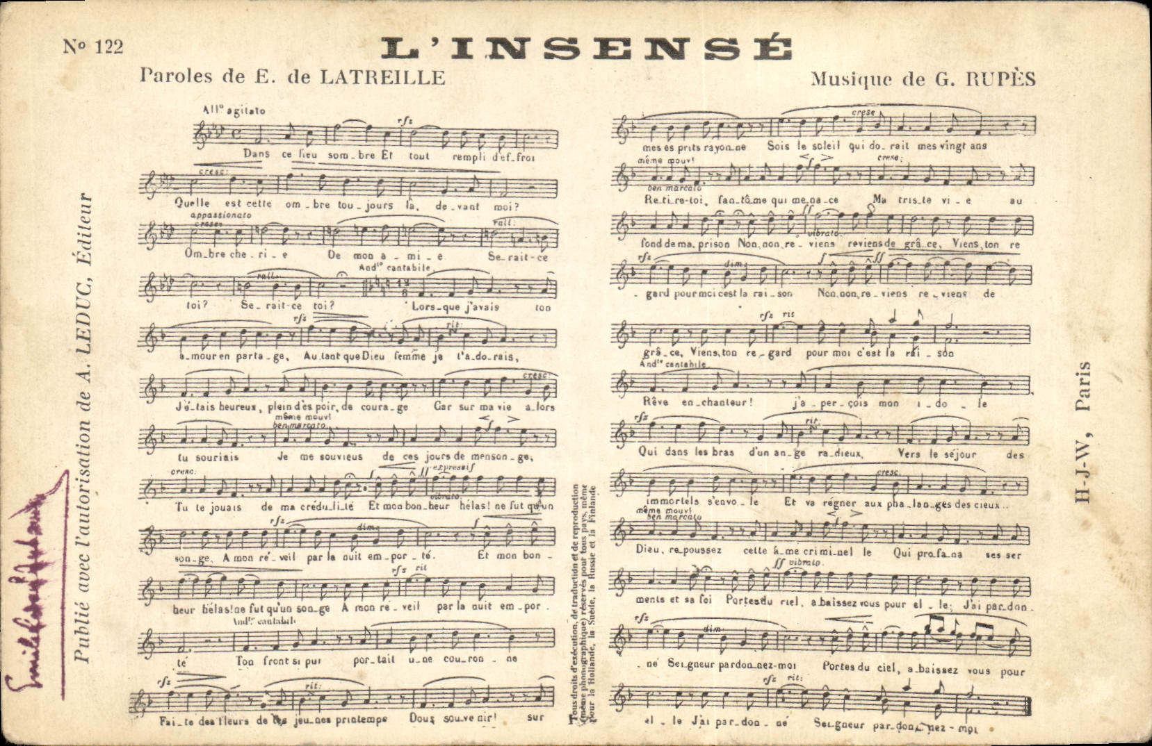 L'INSÉNSE — Paroles de E. de LATREILLE, Musique de G. RUPÈS — Éditeur A. LEDUC, n°122