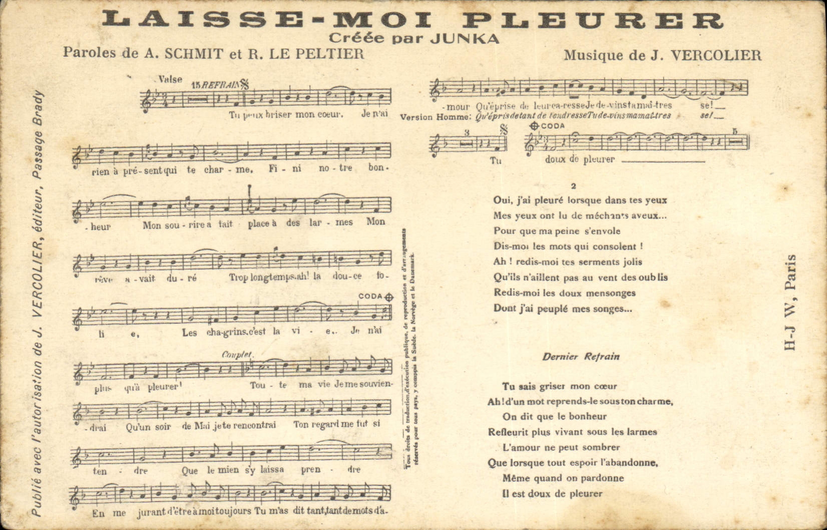 Laisse-moi pleurer — Valse — Publié par J. Vercollier, éditeur, Paris