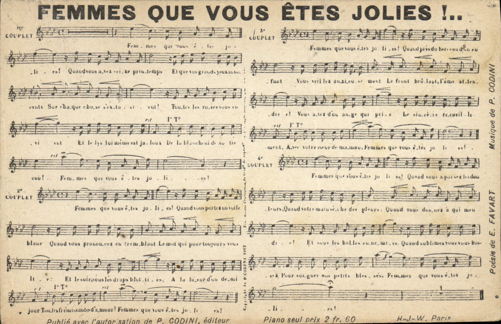 Femmes que vous êtes jolies !.. — Chanson avec paroles et partitions — Musique de P. Godini, Poésie de E. Favart — Publié avec l'autorisation de P. Godini, éditeur — H.-J.-W. Paris