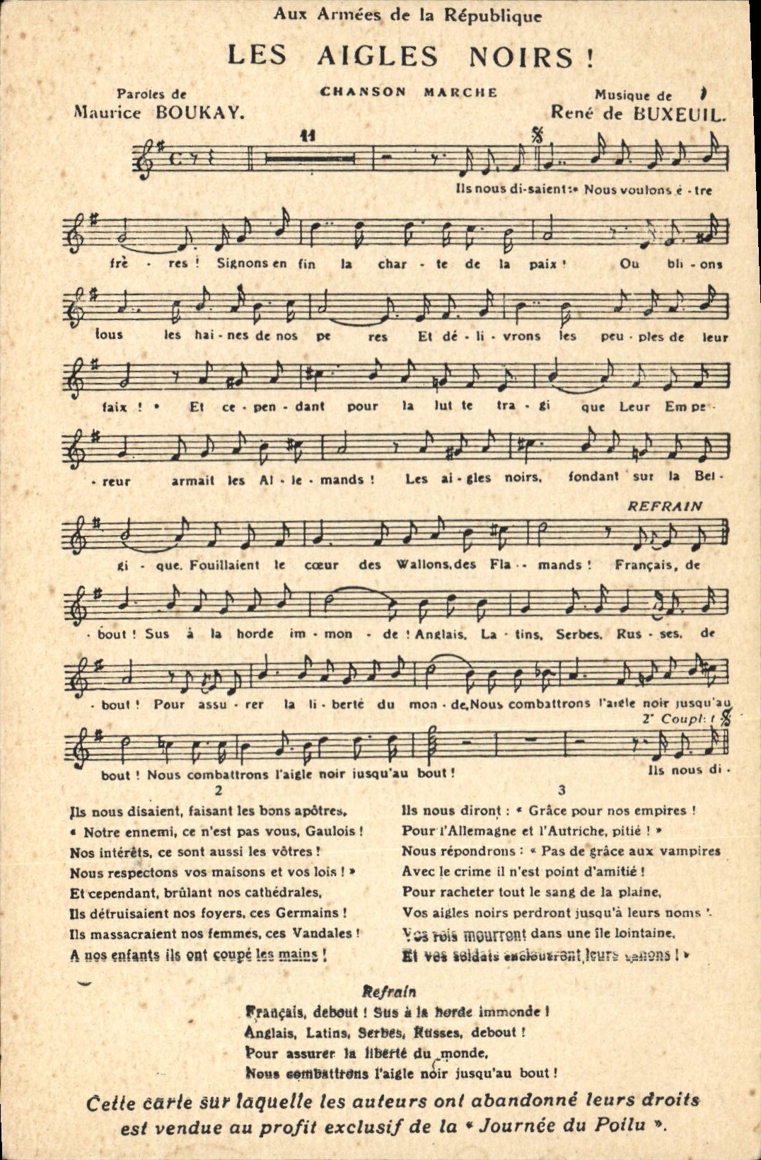 Les Aigles Noirs ! — Chanson de guerre — Journées du Poilu, éditée par l'Imprimerie de la Poste