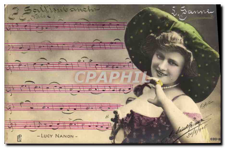 Lucy Nanon — Danseuse en robe violette et chapeau vert — Éditeur E. Fanni, n° 690-B