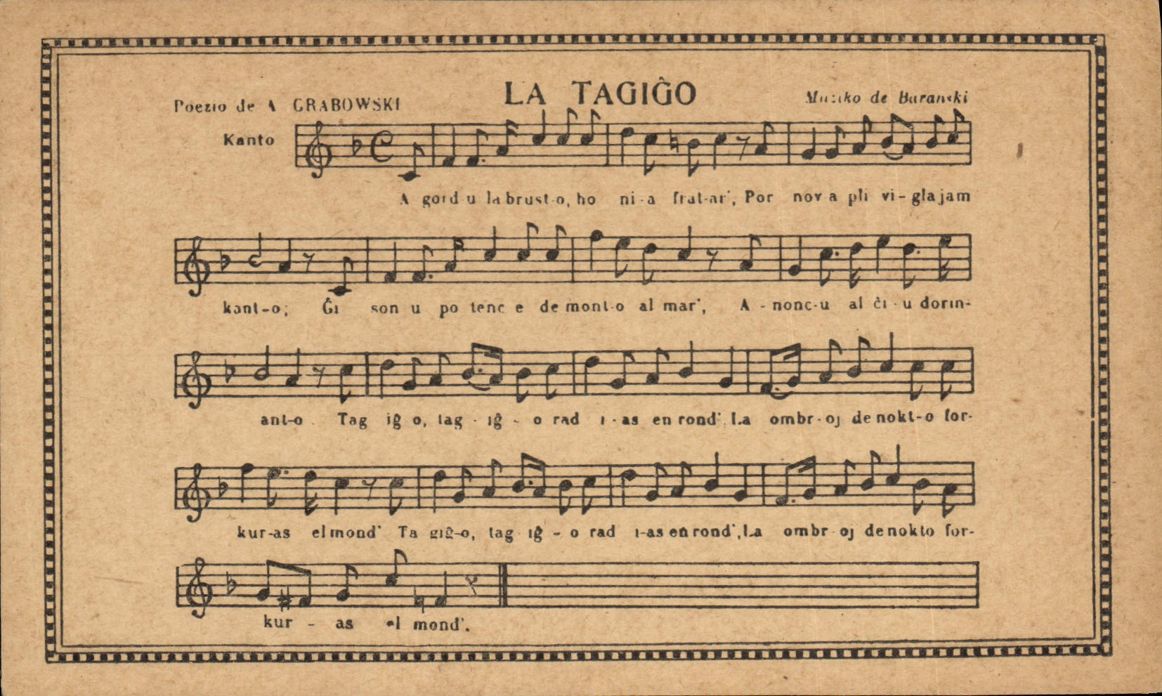 La Tagiĝo — poème et musique d'Antoni Grabowski — Éditeur : Esperantista Centra Librejo, Paris
