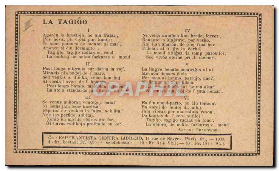 La Tagiĝo — poème et musique d'Antoni Grabowski — Éditeur : Esperantista Centra Librejo, Paris — Reverso