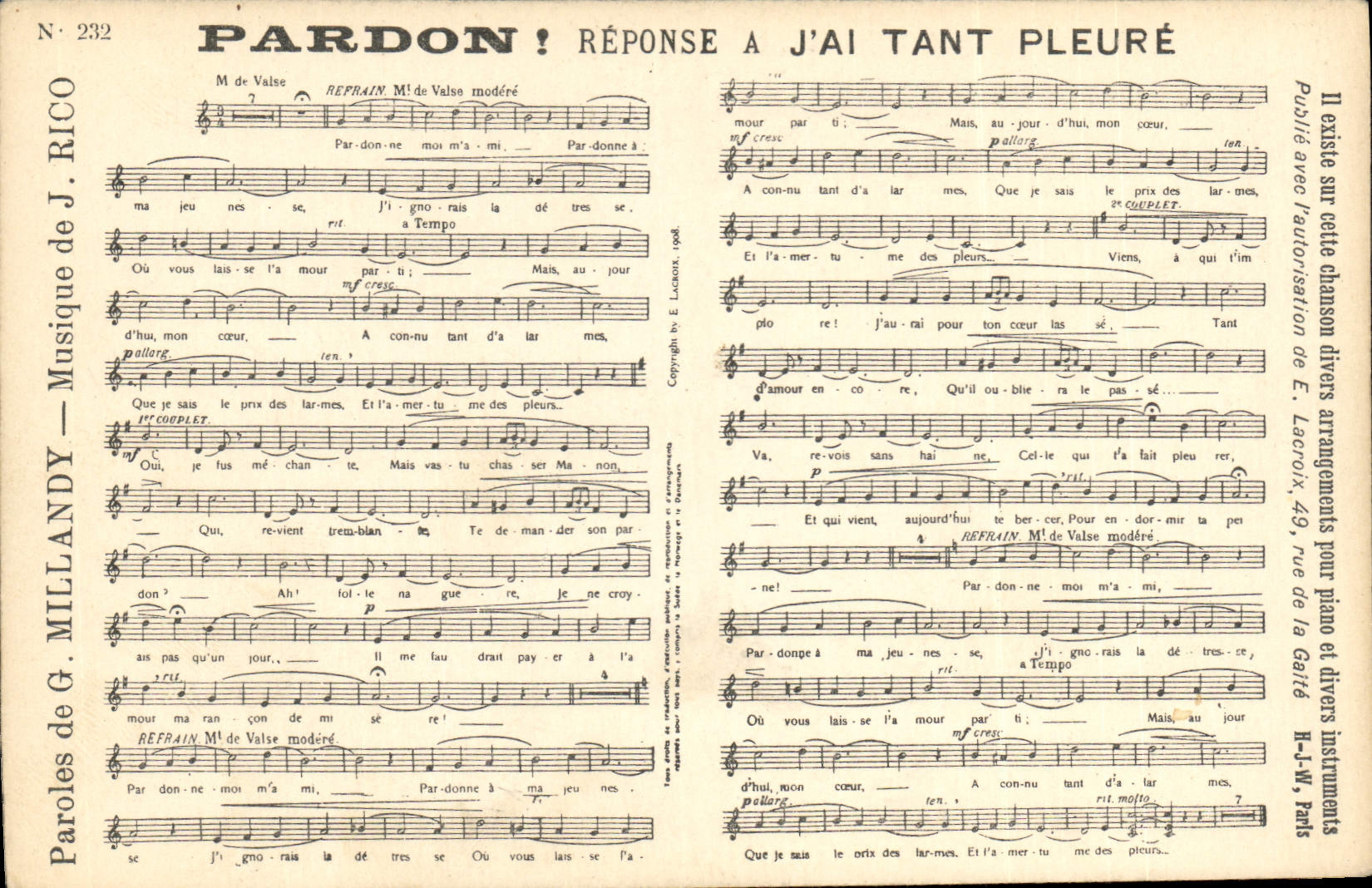 Pardon! Réponse à j'ai tant pleuré — Musique de J. Rico, paroles de G. Millandy — Édition E. Lacroix, Paris