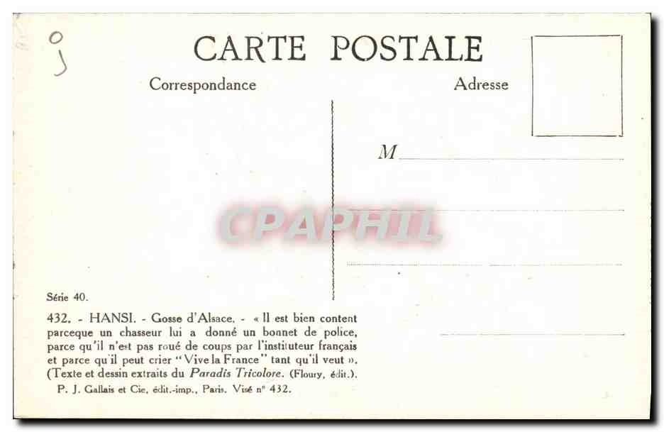 Gosse d'Alsace — Il est bien content parce qu'un chasseur lui a donné un bonnet de police — Hansi, Série 40 — Verso