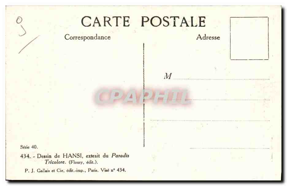 Vue de village français — drapeau et lanternes tricolores — dessin de Hansi, série 40, éditeur Floury — Achterkant