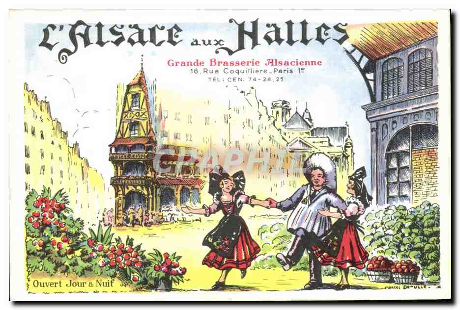 CPM Folklore L'Alsace aux Halles Grande Brasserie Alsacienne Rue Coquilliere Paris
