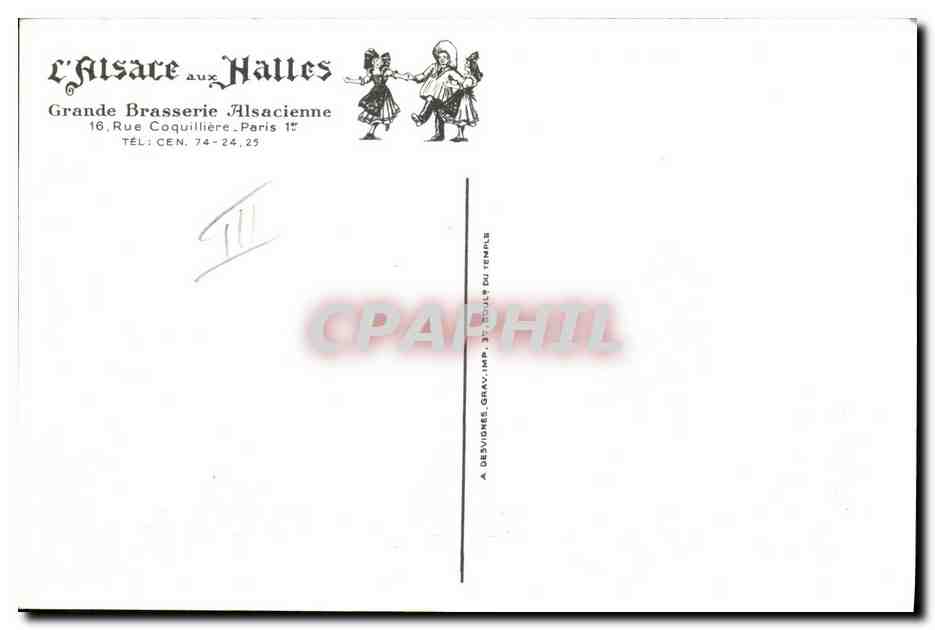 CPM Folklore L'Alsace aux Halles Grande Brasserie Alsacienne Rue Coquilliere Paris — Verso