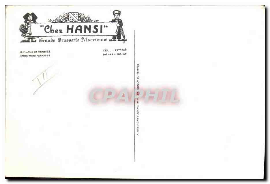 CPM Folklore Alsace Chez Hansi Grande Brasserie Alsacienne Place de Rennes Paris Montparnasse — Verso