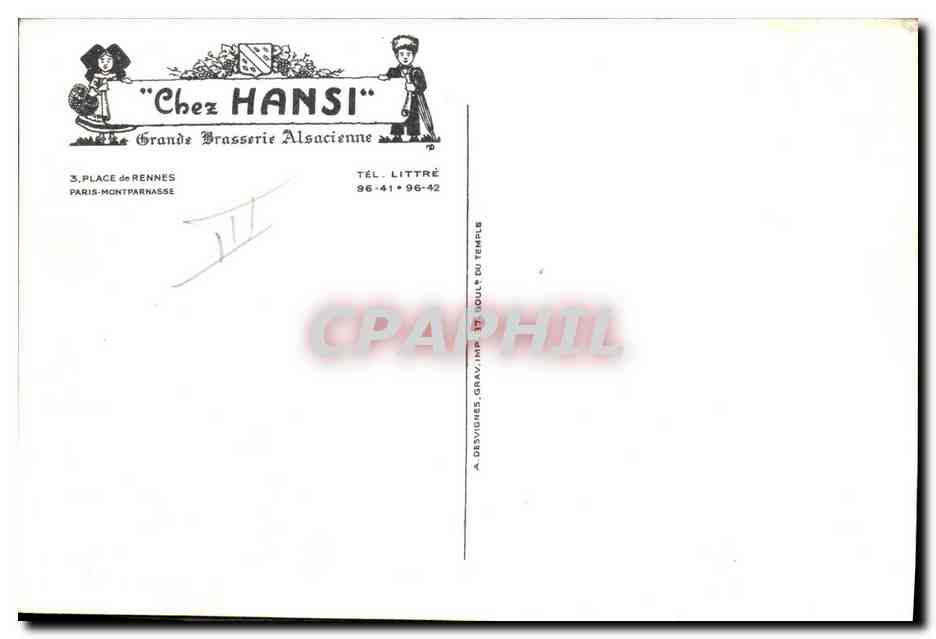 CPM Folklore Alsace Chez Hansi Grande Brasserie Alsacienne Place de Rennes Paris Montparnasse — Verso