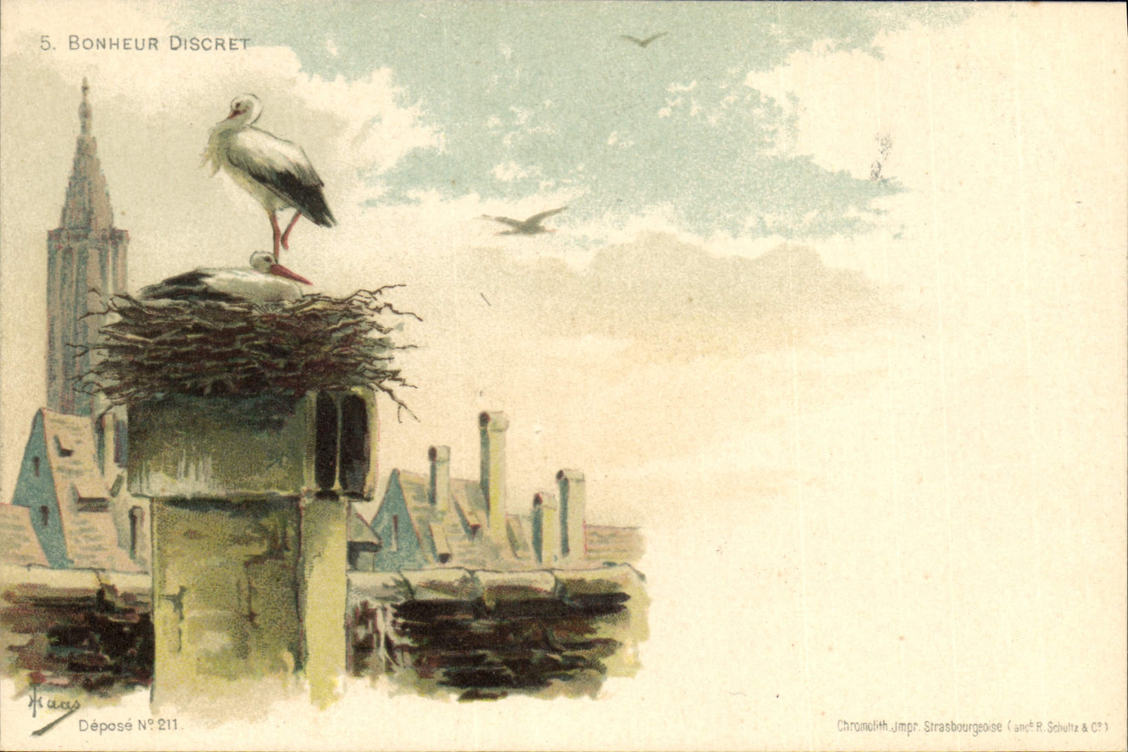 Stork on a chimney — Strasbourg — Chromolith. Impr. Strasbourgaise (and R. Schultz & C°)