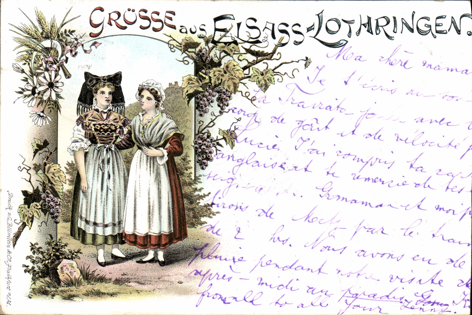 Deux jeunes femmes en costumes traditionnels — Alsace-Lorraine — éditeur : Druck v. Altmüller & Co. Frankfort a/M.