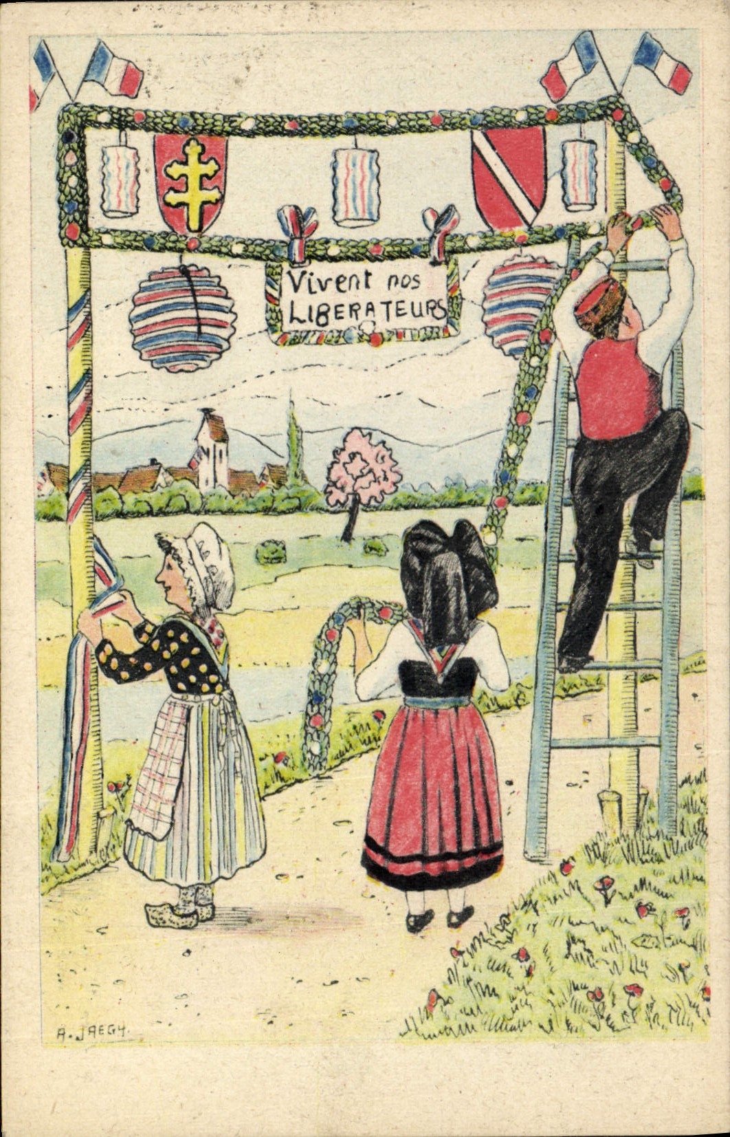 CPA Folklore Alsace Vivent les liberateurs !