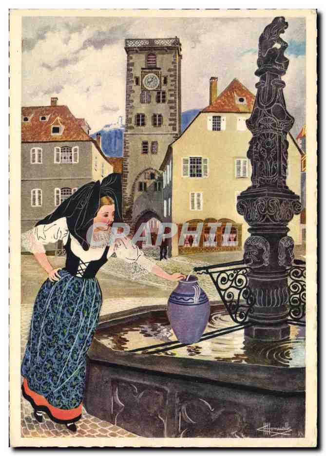 CPM Folklore Alsace Fontaine de Ribeauville Charles Homualk