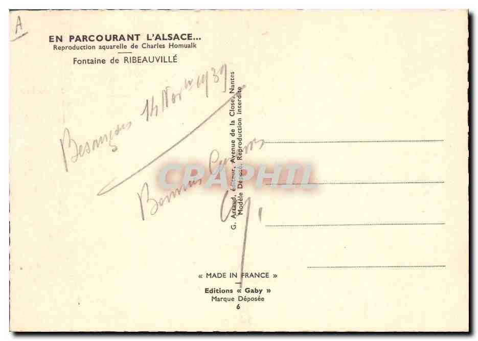 CPM Folklore Alsace Fontaine de Ribeauville Charles Homualk — Verso